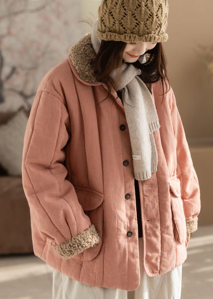 Fashion Pink Oversized Pockets Fine Cotton Filled Trench Winter