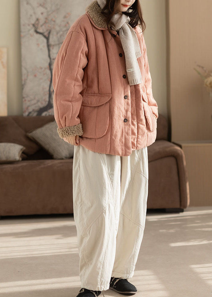 Fashion Pink Oversized Pockets Fine Cotton Filled Trench Winter