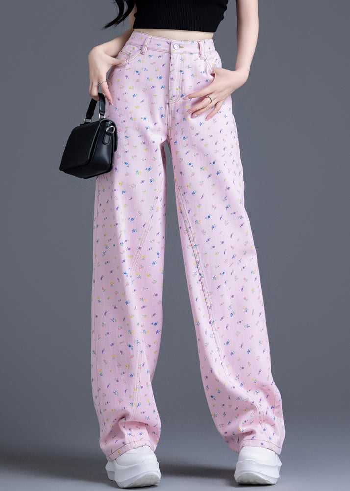 Fashion Pink Pockets Print Denim Straight Pants Spring