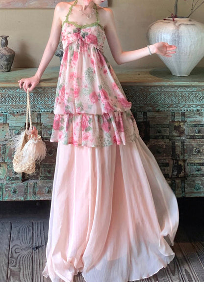 Fashion Pink Print Draping Chiffon Two Pieces Set Summer