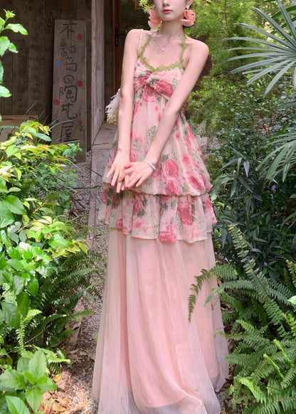 Fashion Pink Print Draping Chiffon Two Pieces Set Summer