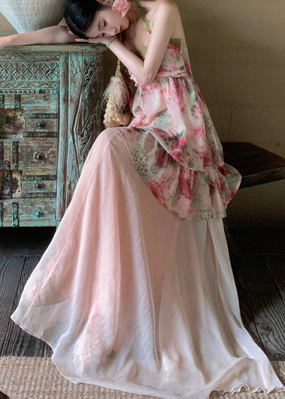 Fashion Pink Print Draping Chiffon Two Pieces Set Summer