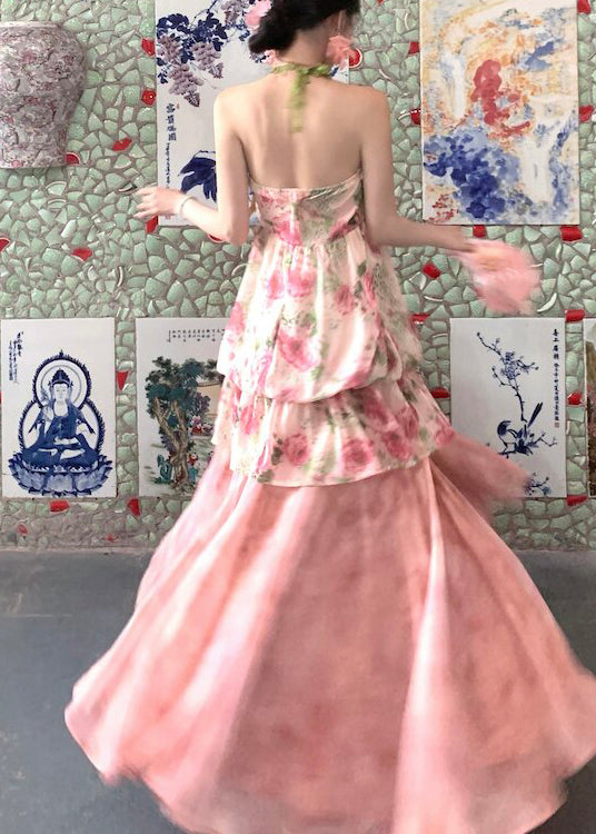 Fashion Pink Print Draping Chiffon Two Pieces Set Summer