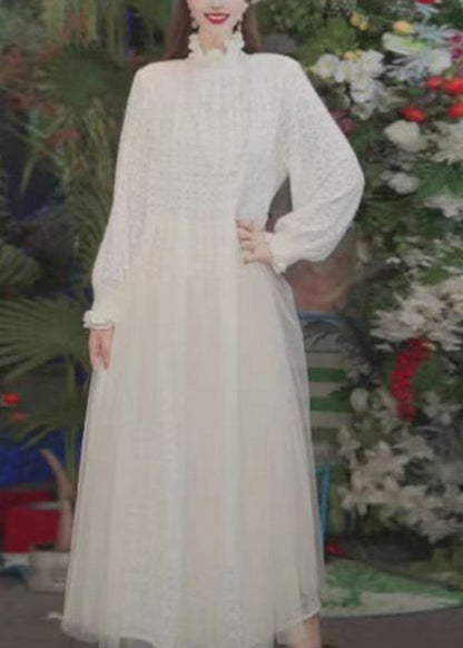 Fashion Pink Ruffled Tulle Patchwork Lace Long Dress Spring