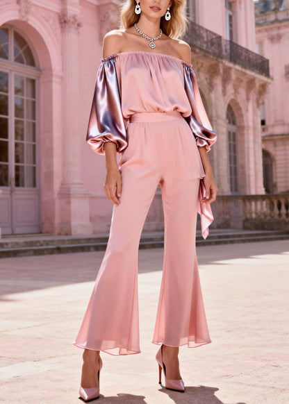 Fashion Pink Slash Neck Cold Shoulder Patchwork Silk Two-Piece Set Spring