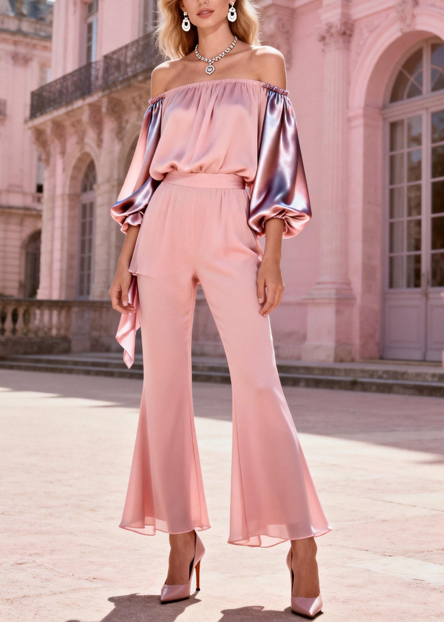 Fashion Pink Slash Neck Cold Shoulder Patchwork Silk Two-Piece Set Spring