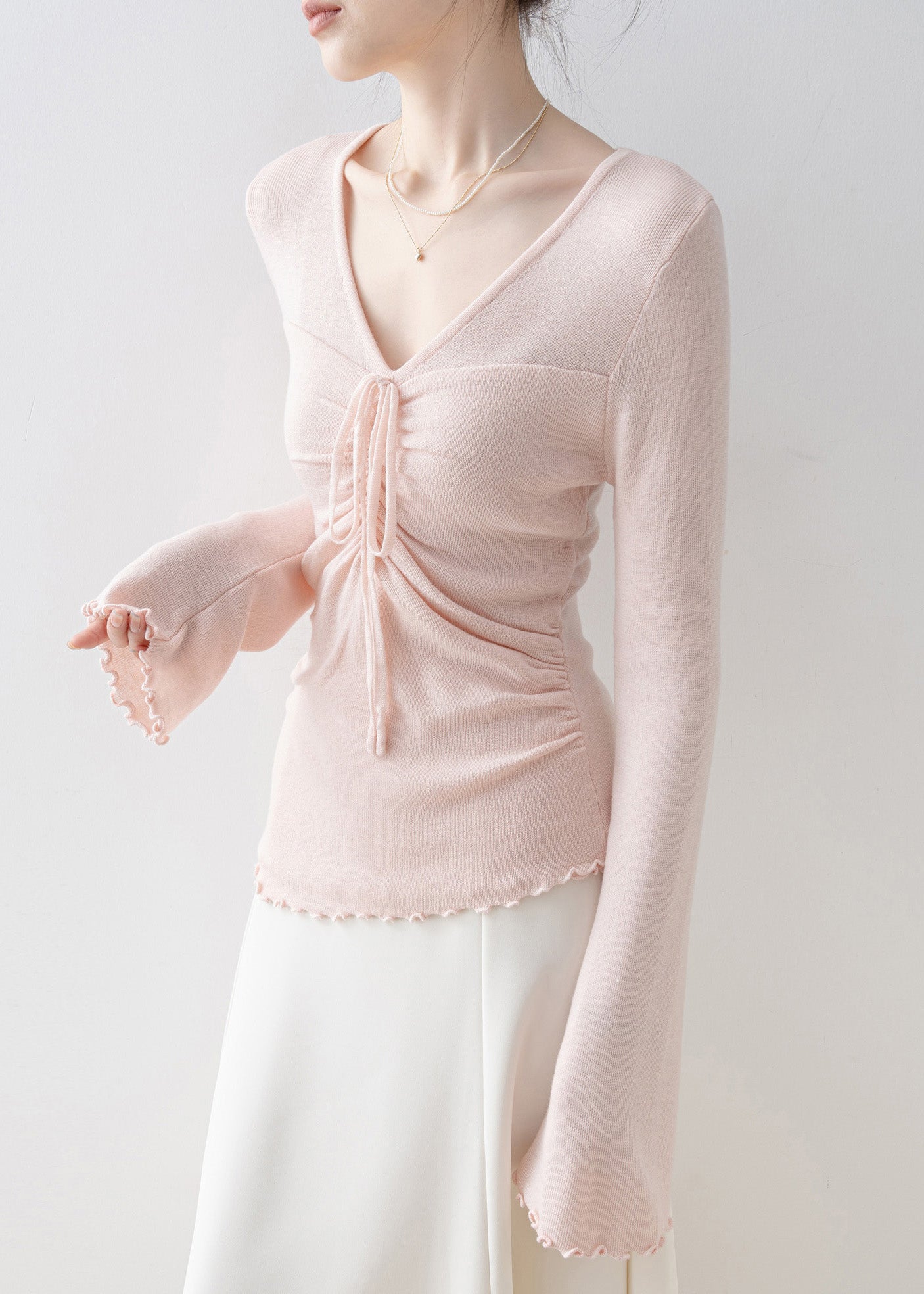 Fashion Pink V Neck Bow Knit Top Flare Sleeve