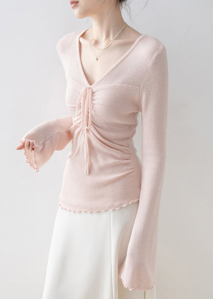 Fashion Pink V Neck Bow Knit Top Flare Sleeve