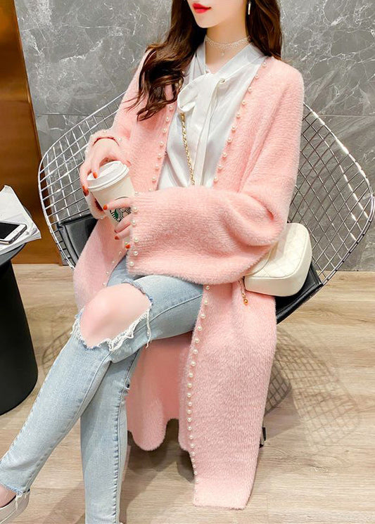 Fashion Pink V Neck Pearl Knit Cardigan Spring