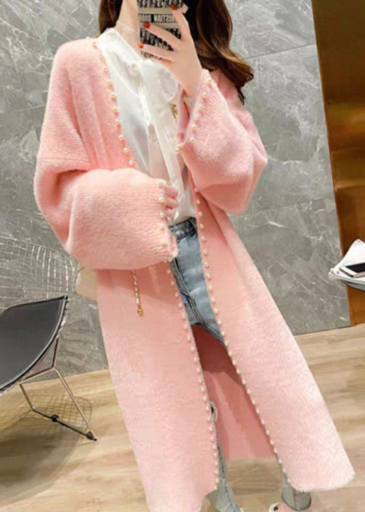Fashion Pink V Neck Pearl Knit Cardigan Spring
