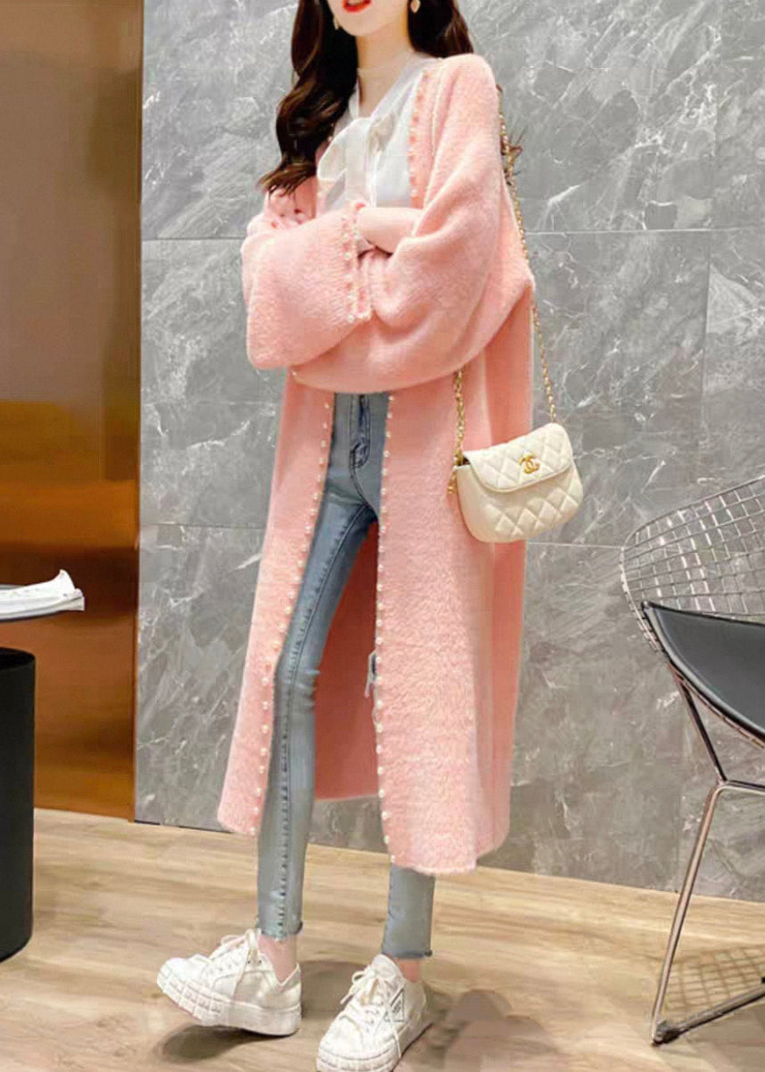 Fashion Pink V Neck Pearl Knit Cardigan Spring