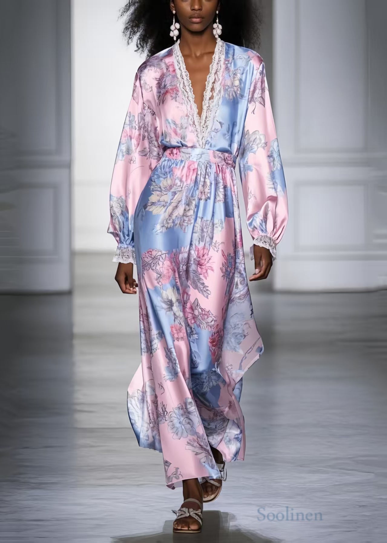 Fashion Pink V Neck Print Silk Vacation Dresses Spring