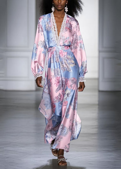 Fashion Pink V Neck Print Silk Vacation Dresses Spring