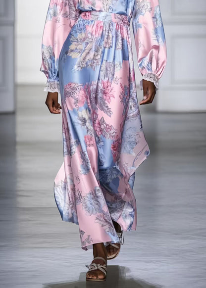 Fashion Pink V Neck Print Silk Vacation Dresses Spring