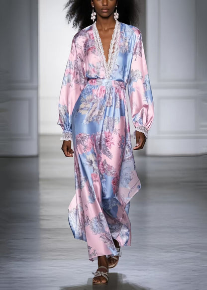 Fashion Pink V Neck Print Silk Vacation Dresses Spring