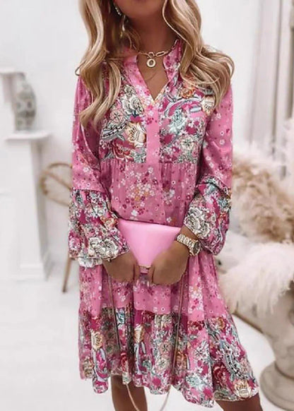 Fashion Pink V Neck Print Wrinkled Mid Dresses Fall