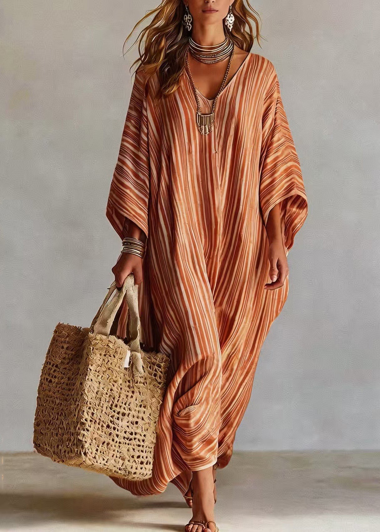 Fashion Pink V Neck Striped Cotton Long Dress Summer