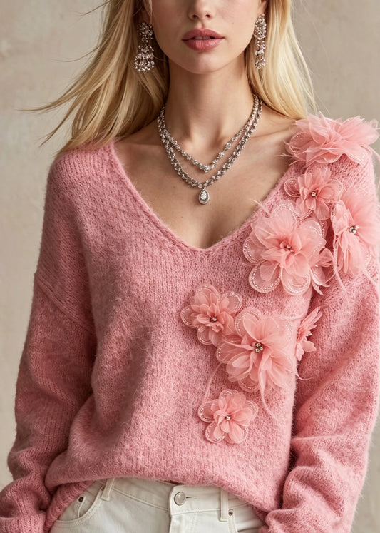 Fashion Pink V Neck Thick Floral Knit Sweaters Fall