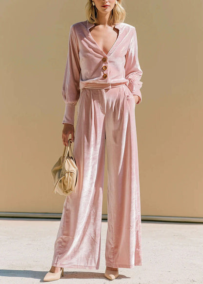 Fashion Pink V Neck Velvet Top And Pants Two Piece Suit Set Fall