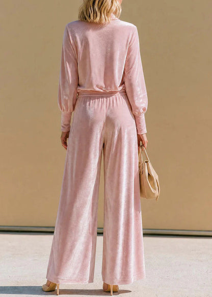 Fashion Pink V Neck Velvet Top And Pants Two Piece Suit Set Fall