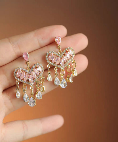 Fashion Pink Zircon Gold Plated Heart Shape Tassel Drop Earrings