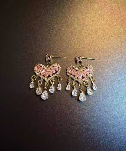 Fashion Pink Zircon Gold Plated Heart Shape Tassel Drop Earrings