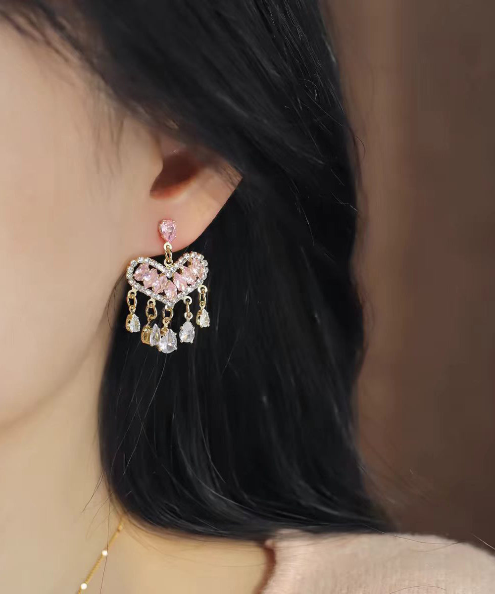 Fashion Pink Zircon Gold Plated Heart Shape Tassel Drop Earrings