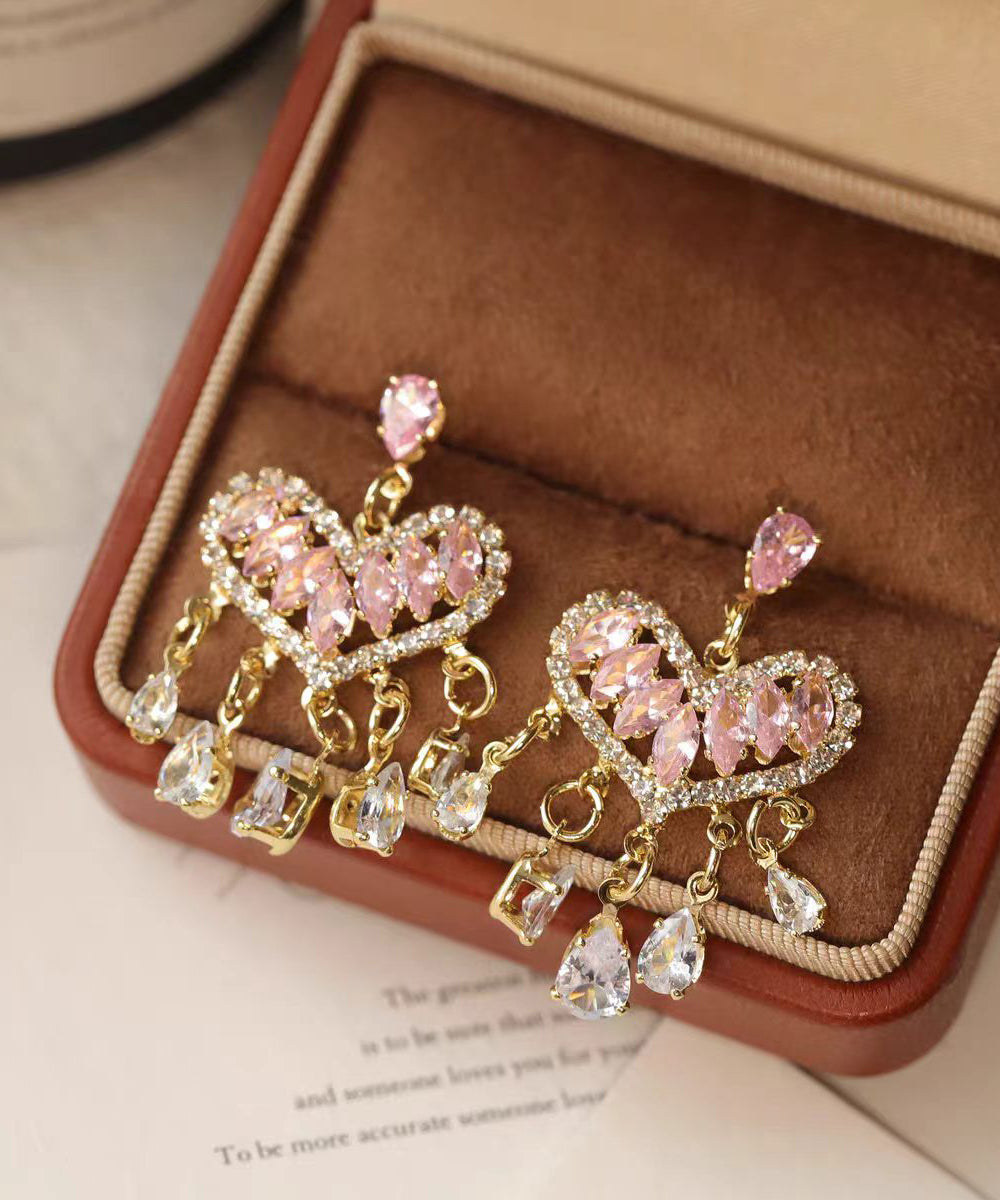 Fashion Pink Zircon Gold Plated Heart Shape Tassel Drop Earrings