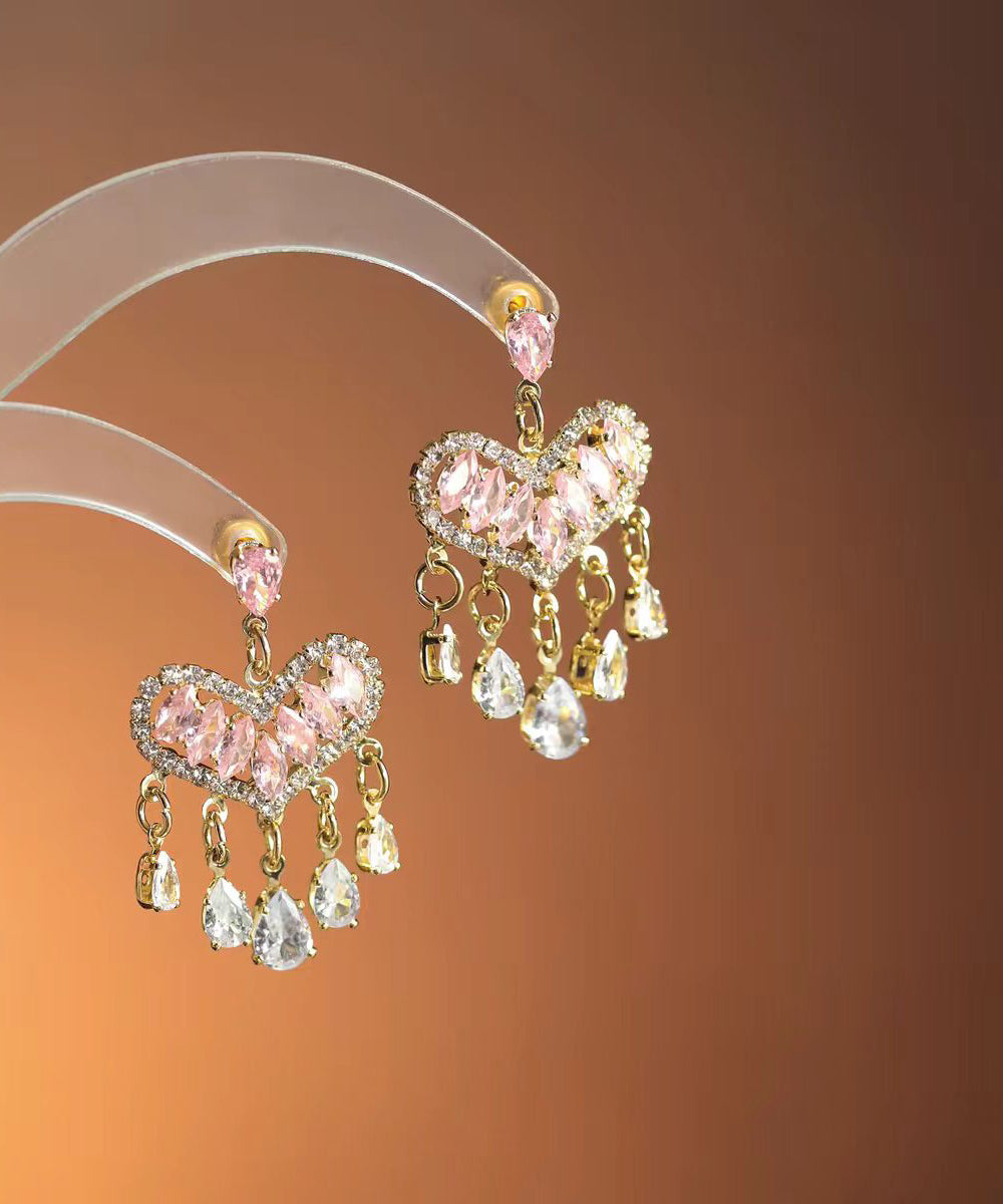 Fashion Pink Zircon Gold Plated Heart Shape Tassel Drop Earrings