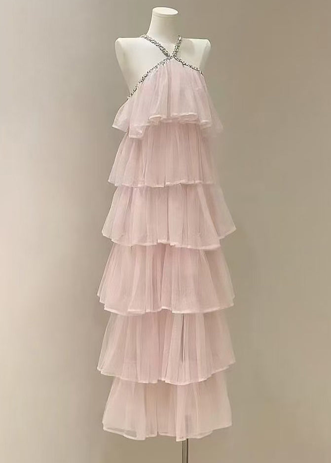 Fashion Pink Zircon High Waist Solid Tulle Long Dress Sleeveless