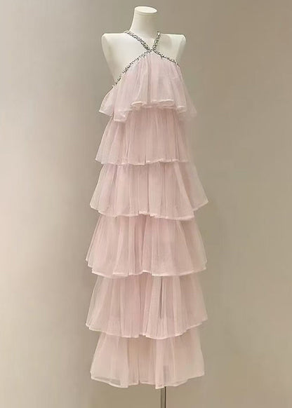 Fashion Pink Zircon High Waist Solid Tulle Long Dress Sleeveless