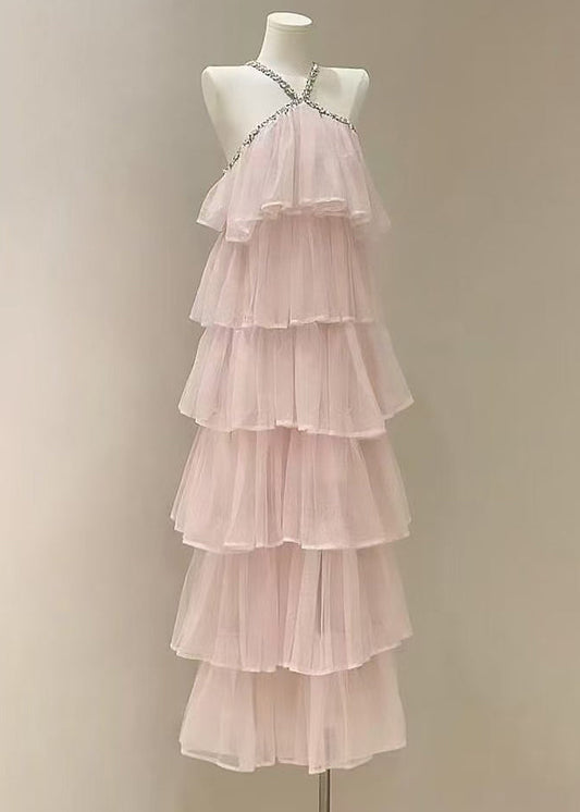 Fashion Pink Zircon High Waist Solid Tulle Long Dress Sleeveless