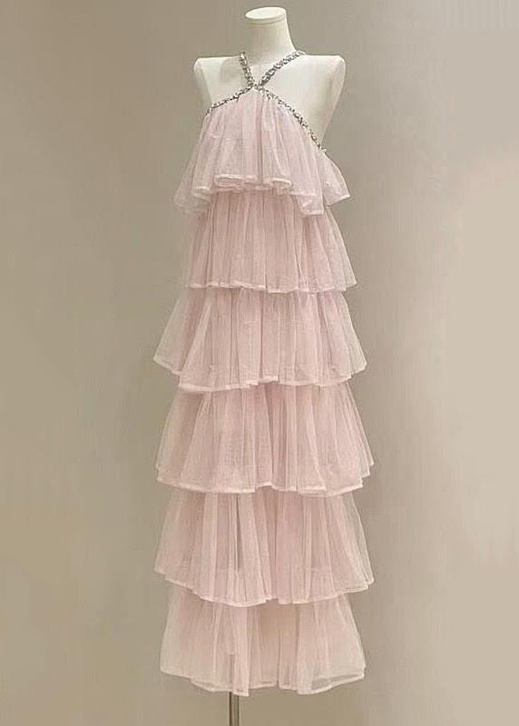 Fashion Pink Zircon High Waist Solid Tulle Long Dress Sleeveless