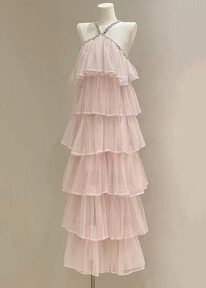 Fashion Pink Zircon High Waist Solid Tulle Long Dress Sleeveless