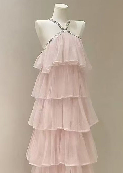 Fashion Pink Zircon High Waist Solid Tulle Long Dress Sleeveless