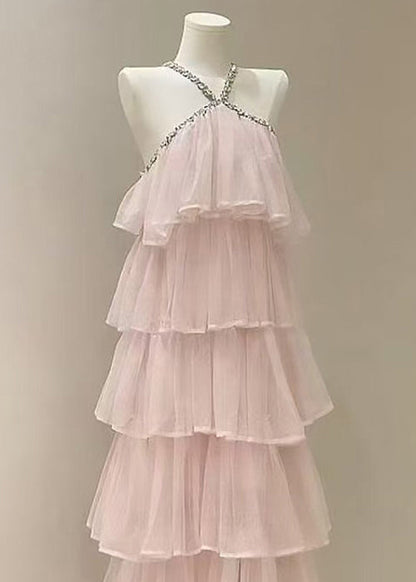 Fashion Pink Zircon High Waist Solid Tulle Long Dress Sleeveless