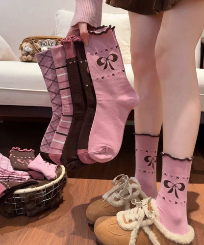 Fashion Print Breathable Bow Ruffled Mid Calf Socks