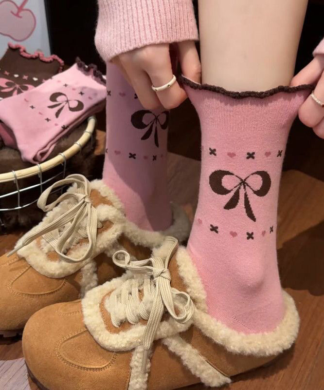 Fashion Print Breathable Bow Ruffled Mid Calf Socks
