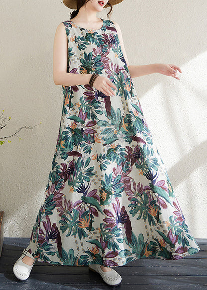 Fashion Print Exra Large Hem Cotton Loose Dress Sleeveless