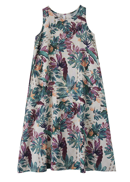 Fashion Print Exra Large Hem Cotton Loose Dress Sleeveless