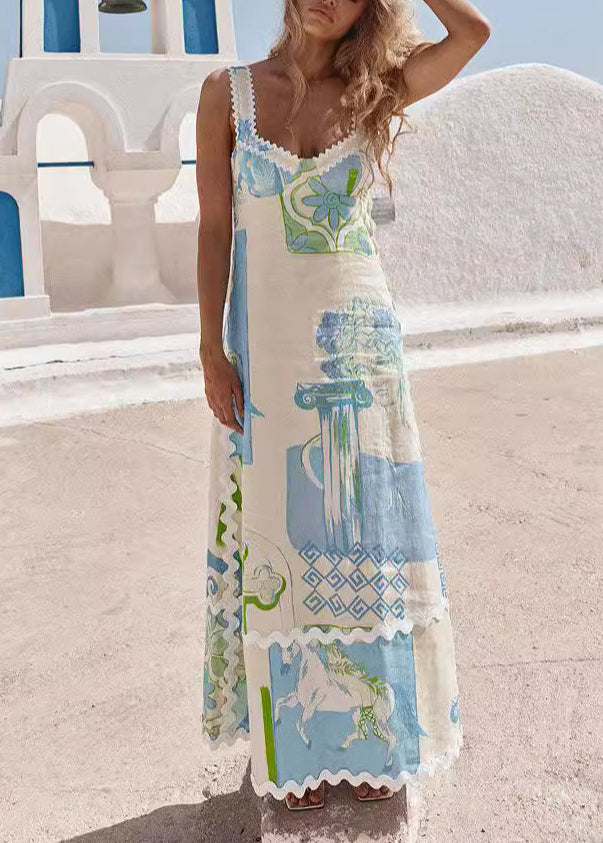 Fashion Printed Sexy Backless Bow Lace Up Dress Summer