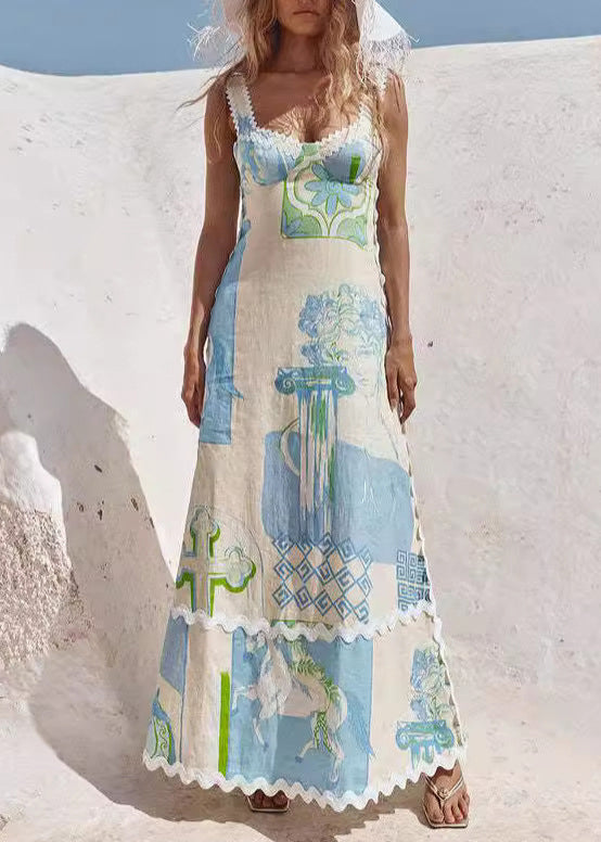 Fashion Printed Sexy Backless Bow Lace Up Dress Summer