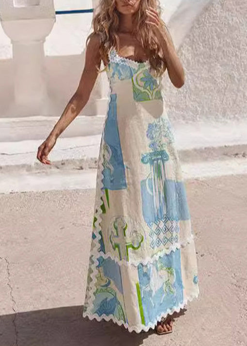 Fashion Printed Sexy Backless Bow Lace Up Dress Summer