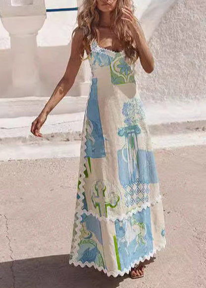 Fashion Printed Sexy Backless Bow Lace Up Dress Summer