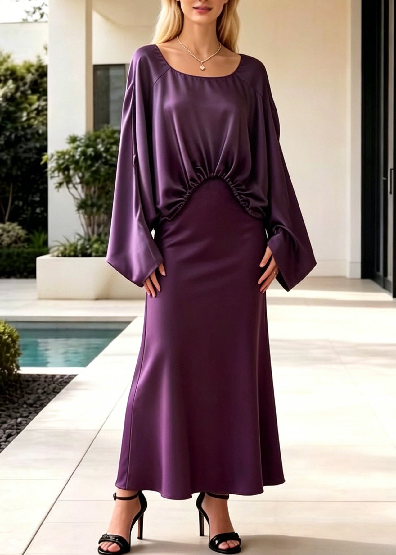 Fashion Purple Asymmetrical Design Draping Silk Two Pieces Set Batwing Sleeve