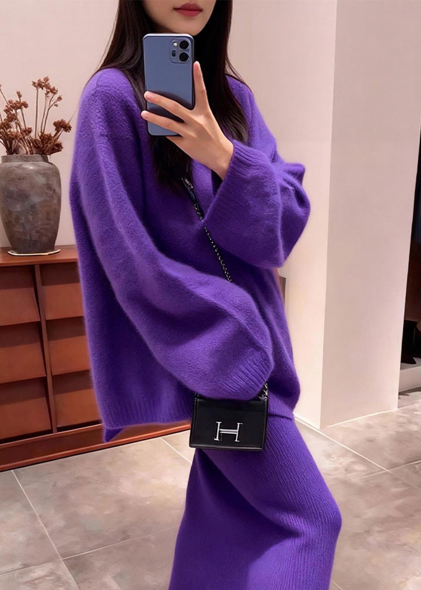 Fashion Purple Backless Bow Knit Two Piece Set Outfits Winter