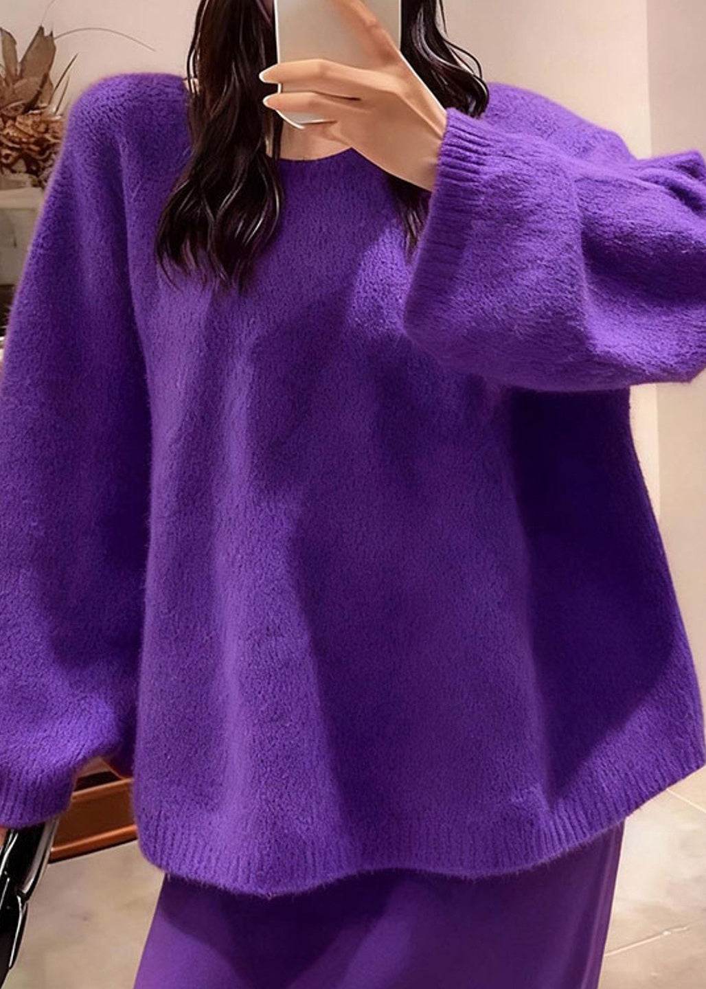 Fashion Purple Backless Bow Knit Two Piece Set Outfits Winter