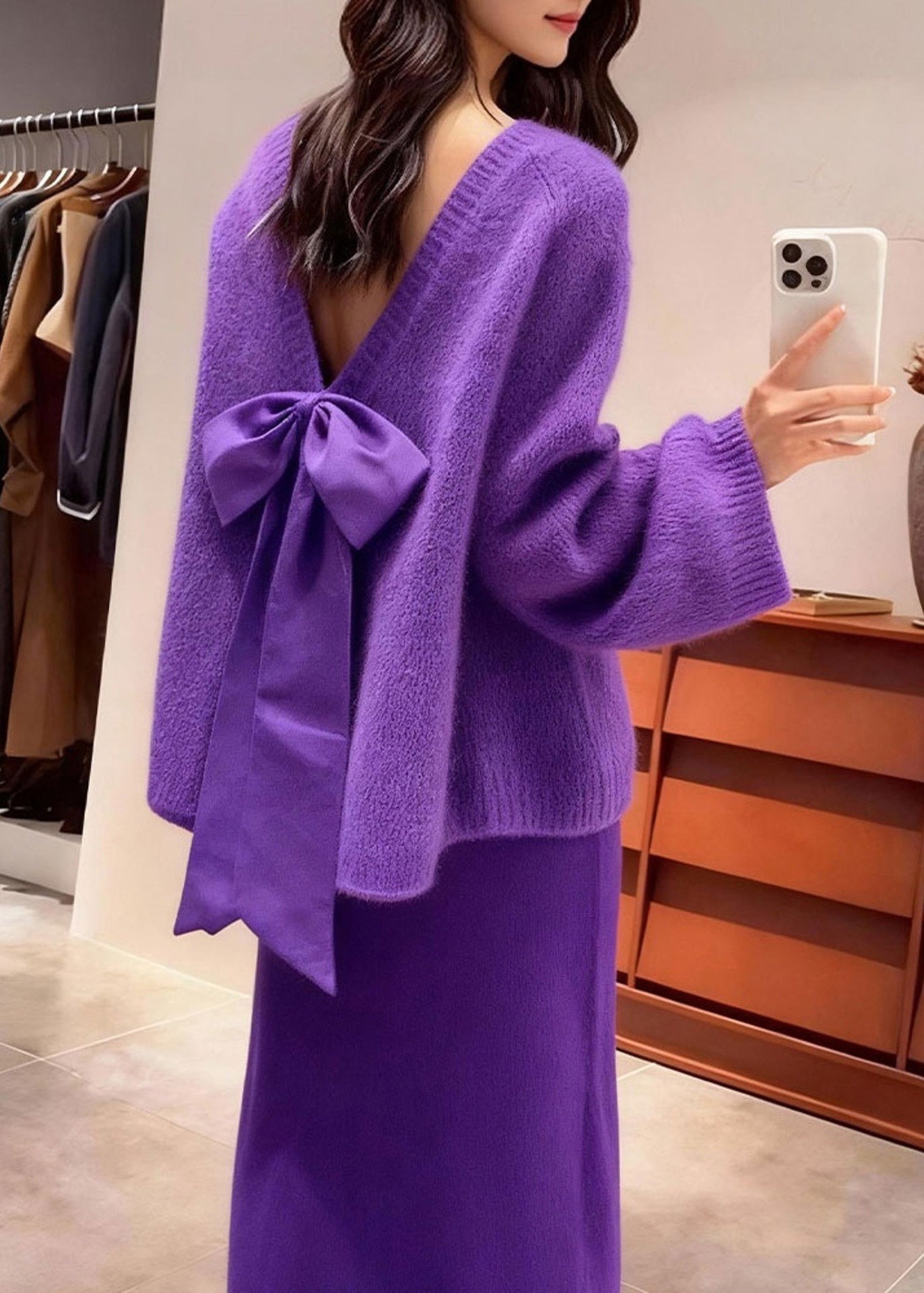 Fashion Purple Backless Bow Knit Two Piece Set Outfits Winter