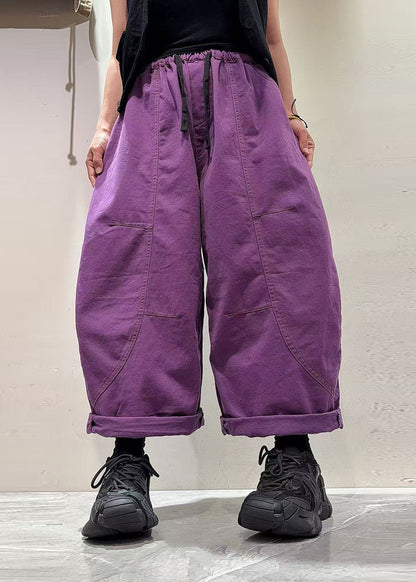 Fashion Purple Elastic Waist Patchwork Denim Crop Pants Fall