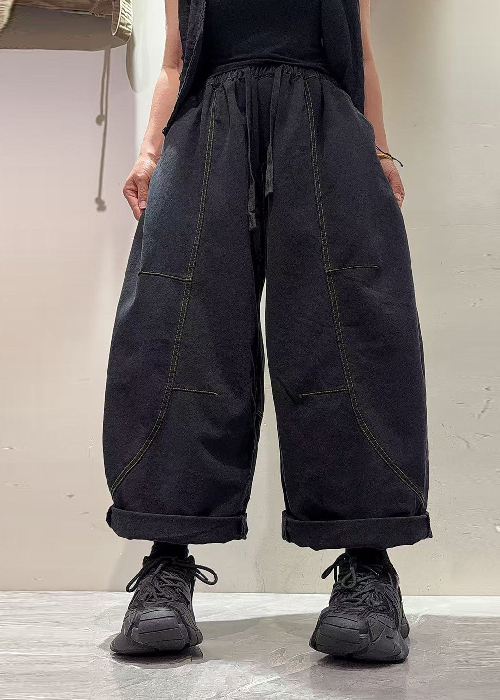 Fashion Purple Elastic Waist Patchwork Denim Crop Pants Fall